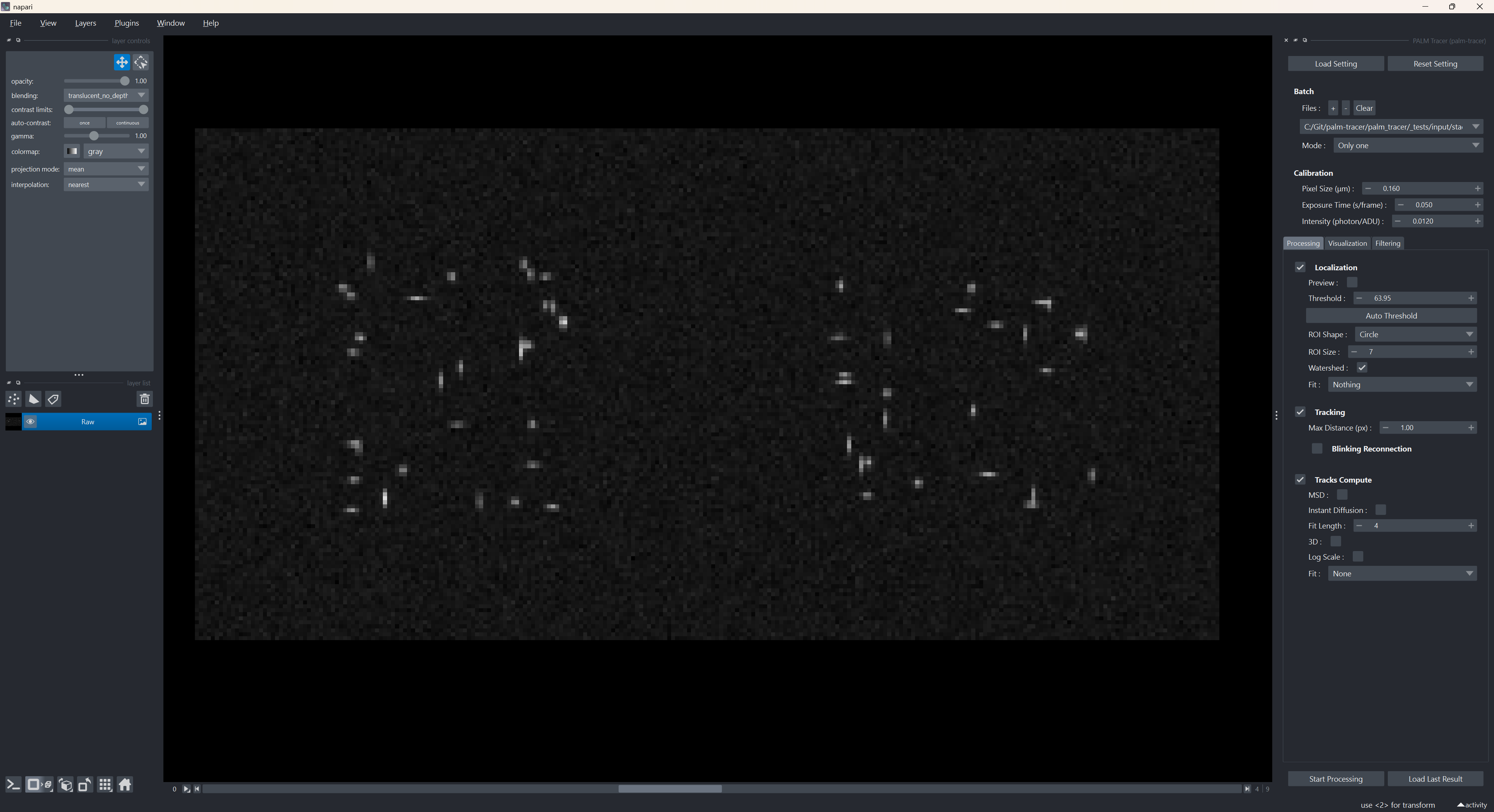 Vue d'ensemble de Napari avec le widget PALMTracer