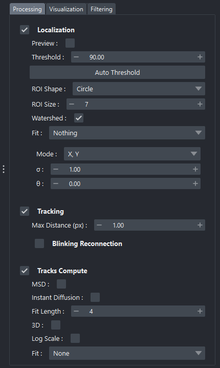 Processing tab of the widget.