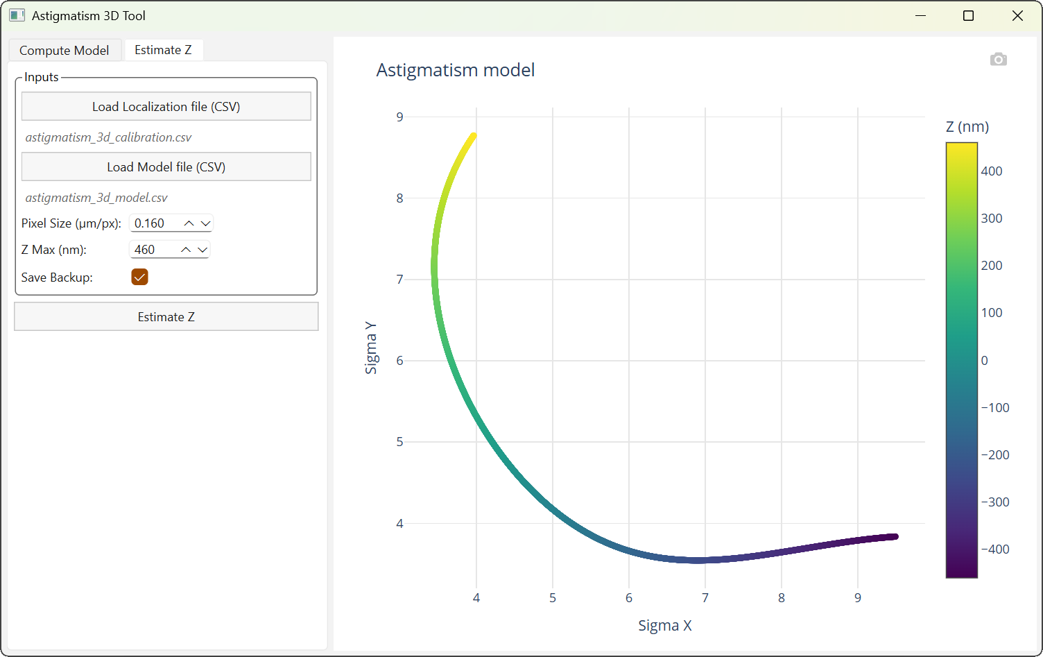 Axial position estimation (Z) interface.